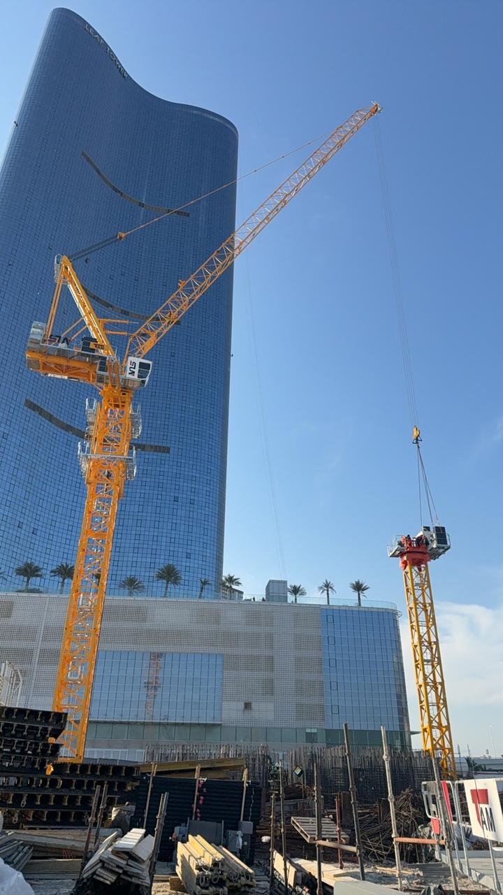 Certified technicians in safety gear performing inspection and service on a crane jib.