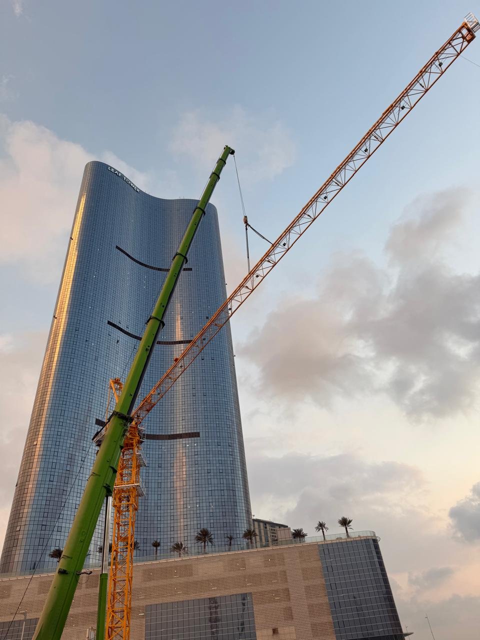 Recently installed tower crane serving a construction project in Abu Dhabi.