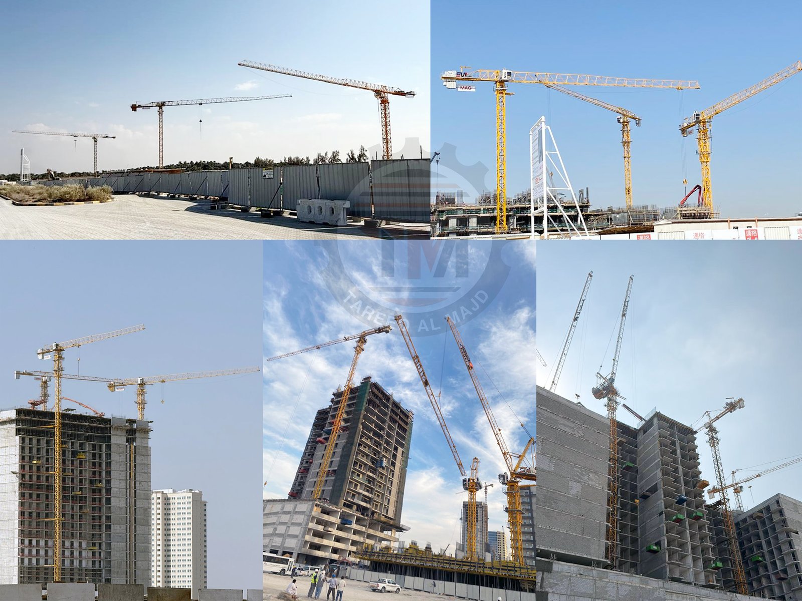 Large Dubai construction project with several cranes supporting simultaneous work zones.